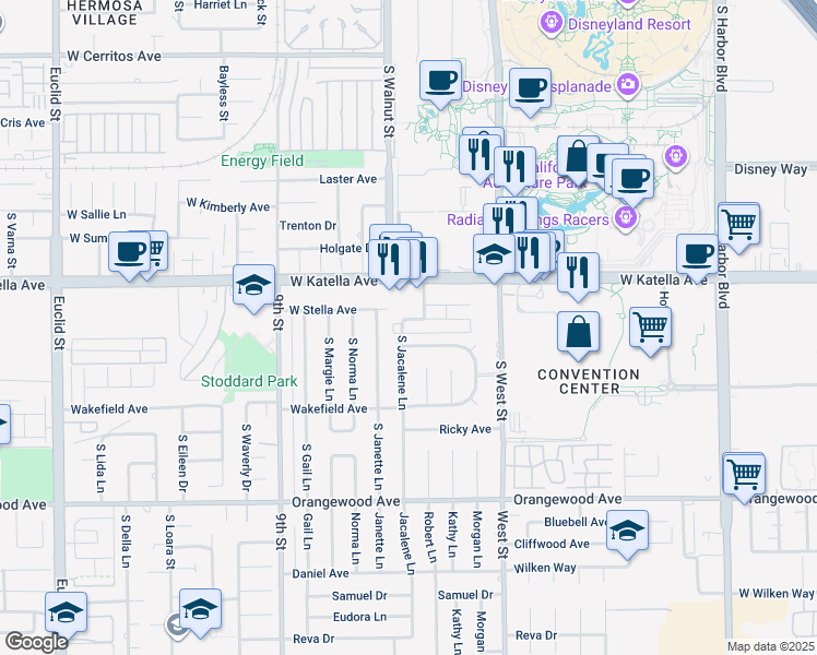 map of restaurants, bars, coffee shops, grocery stores, and more near 1168 West Dewey Drive in Anaheim