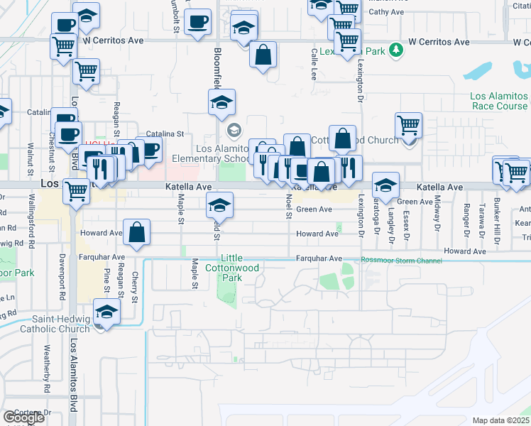 map of restaurants, bars, coffee shops, grocery stores, and more near 4151 Howard Avenue in Los Alamitos