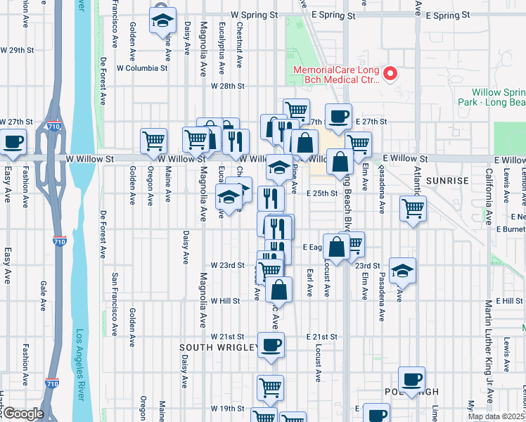 map of restaurants, bars, coffee shops, grocery stores, and more near 2401 Pacific Avenue in Long Beach