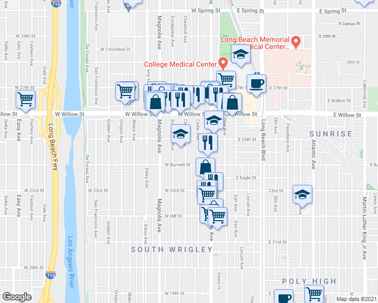 map of restaurants, bars, coffee shops, grocery stores, and more near 323 West Burnett Street in Long Beach