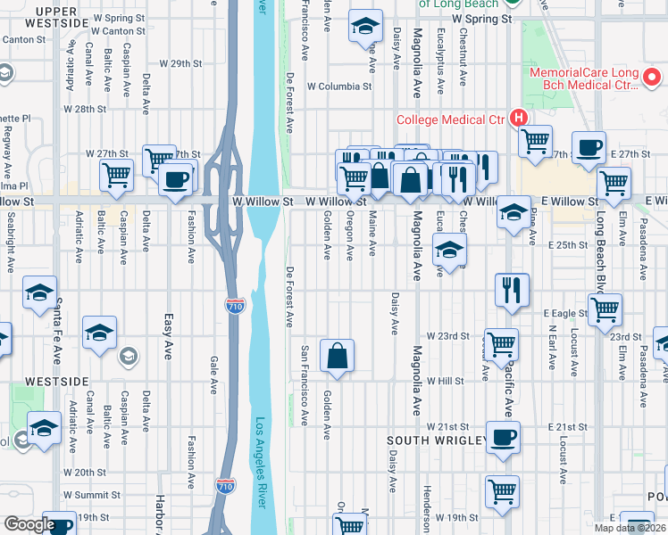 map of restaurants, bars, coffee shops, grocery stores, and more near 2411 Oregon Avenue in Long Beach