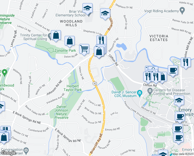 map of restaurants, bars, coffee shops, grocery stores, and more near 1519 Kay Lane Northeast in Atlanta