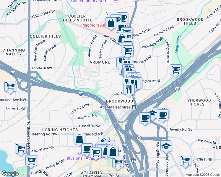 map of restaurants, bars, coffee shops, grocery stores, and more near 80 26th Street Northwest in Atlanta