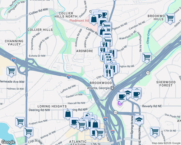 map of restaurants, bars, coffee shops, grocery stores, and more near 67 25th Street Northwest in Atlanta