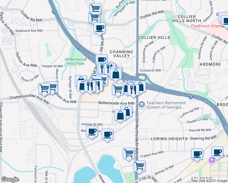 map of restaurants, bars, coffee shops, grocery stores, and more near 1750 Commerce Drive Northwest in Atlanta