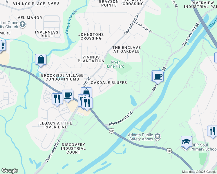 map of restaurants, bars, coffee shops, grocery stores, and more near 6171 Indian Wood Circle in Mableton