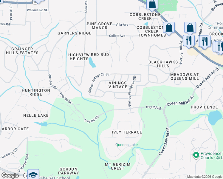 map of restaurants, bars, coffee shops, grocery stores, and more near 507 Vinings Oaks Run Southeast in Mableton
