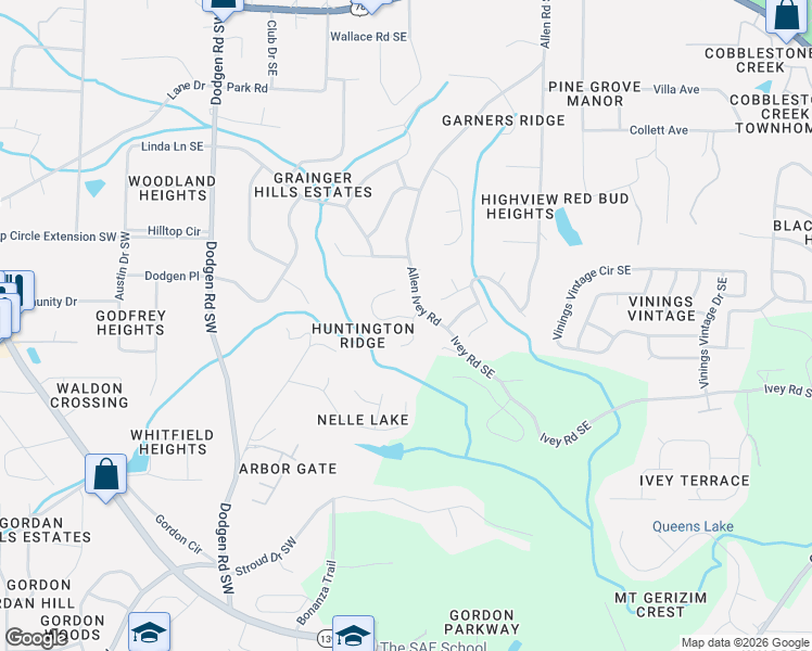 map of restaurants, bars, coffee shops, grocery stores, and more near 6233 Huntington Ridge Road in Mableton