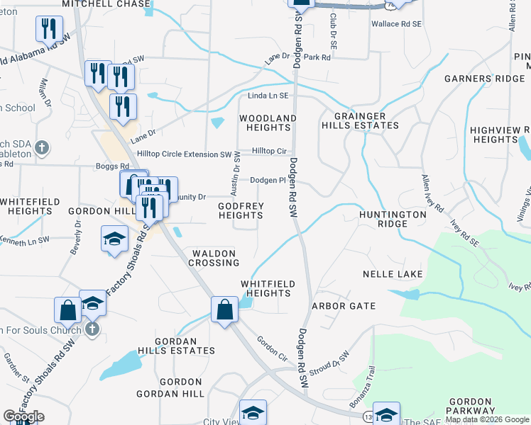 map of restaurants, bars, coffee shops, grocery stores, and more near 6279 Godfrey Drive Souhtwest in Mableton