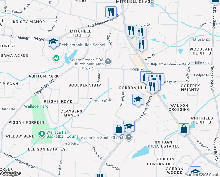 map of restaurants, bars, coffee shops, grocery stores, and more near 6276 Vera Lane Southwest in Mableton