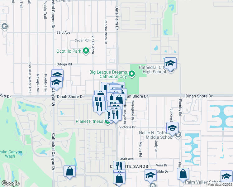 map of restaurants, bars, coffee shops, grocery stores, and more near Dinah Shore Drive in Cathedral City