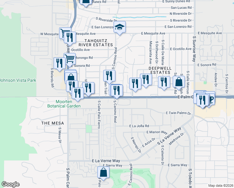 map of restaurants, bars, coffee shops, grocery stores, and more near 840 East Palm Canyon Drive in Palm Springs