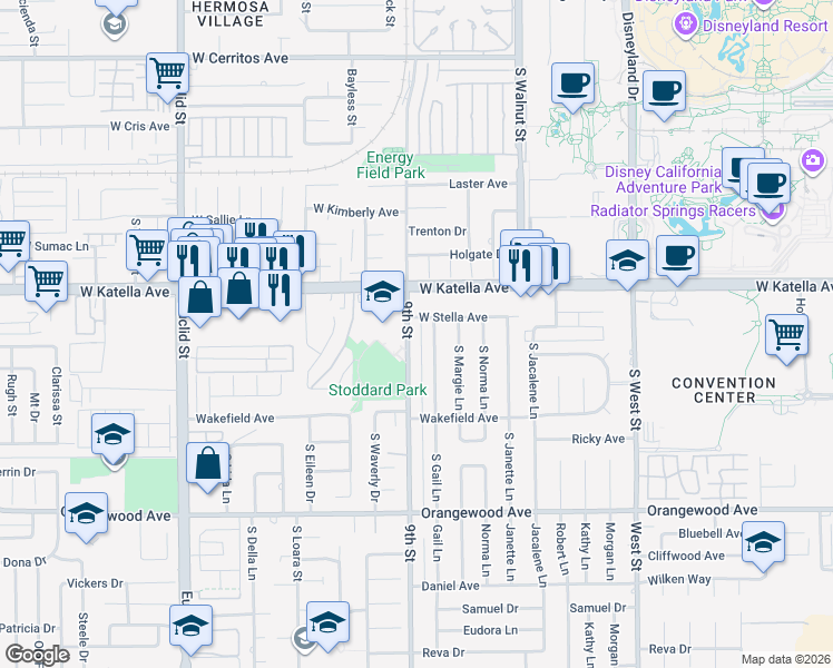 map of restaurants, bars, coffee shops, grocery stores, and more near 1838 9th Street in Anaheim