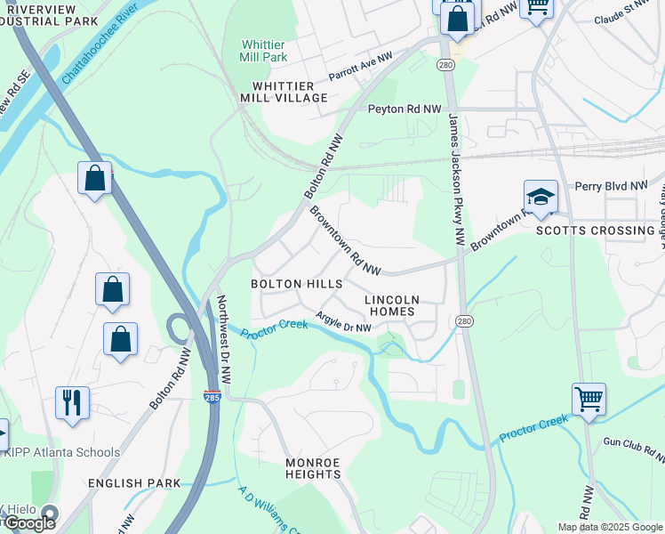 map of restaurants, bars, coffee shops, grocery stores, and more near 1703 Barrett Drive Northwest in Atlanta