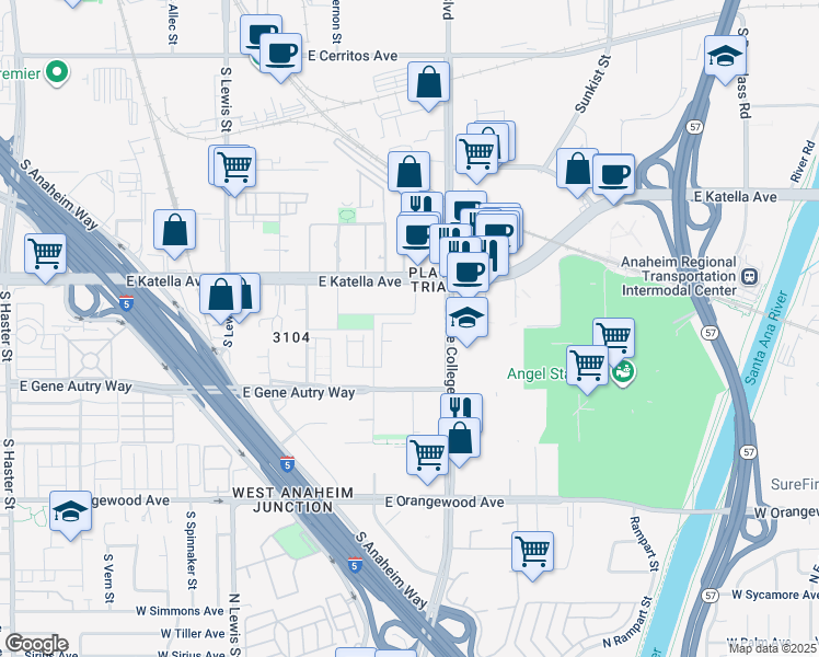 map of restaurants, bars, coffee shops, grocery stores, and more near 1730 Park Street in Anaheim