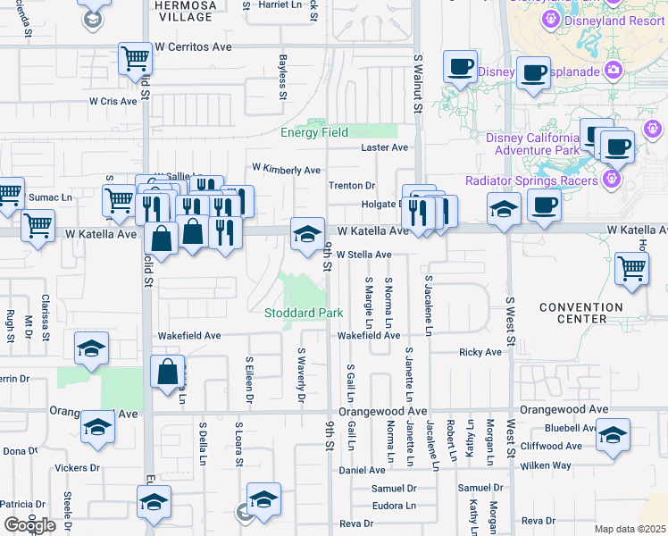 map of restaurants, bars, coffee shops, grocery stores, and more near 1838 9th Street in Anaheim
