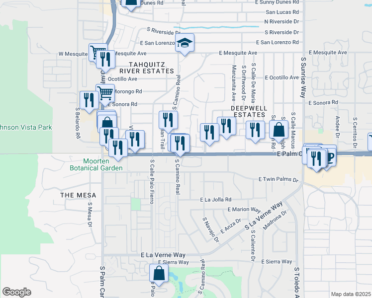 map of restaurants, bars, coffee shops, grocery stores, and more near 870 East Palm Canyon Drive in Palm Springs