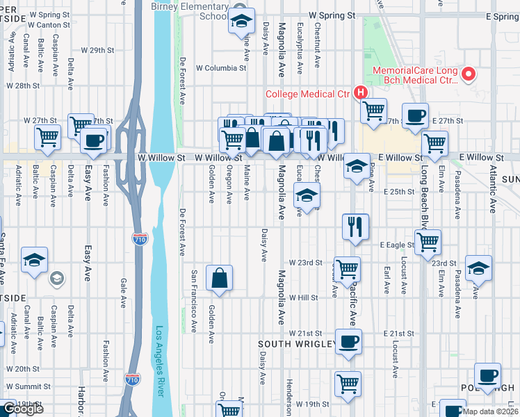 map of restaurants, bars, coffee shops, grocery stores, and more near 2451 Daisy Avenue in Long Beach
