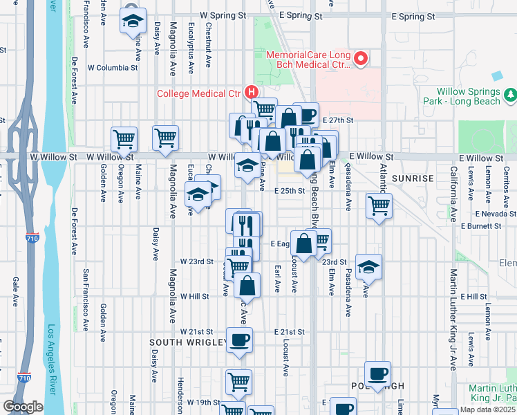 map of restaurants, bars, coffee shops, grocery stores, and more near 2451 Pine Avenue in Long Beach