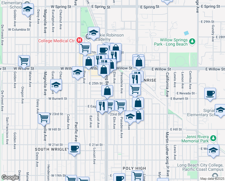 map of restaurants, bars, coffee shops, grocery stores, and more near 2459 Elm Avenue in Long Beach