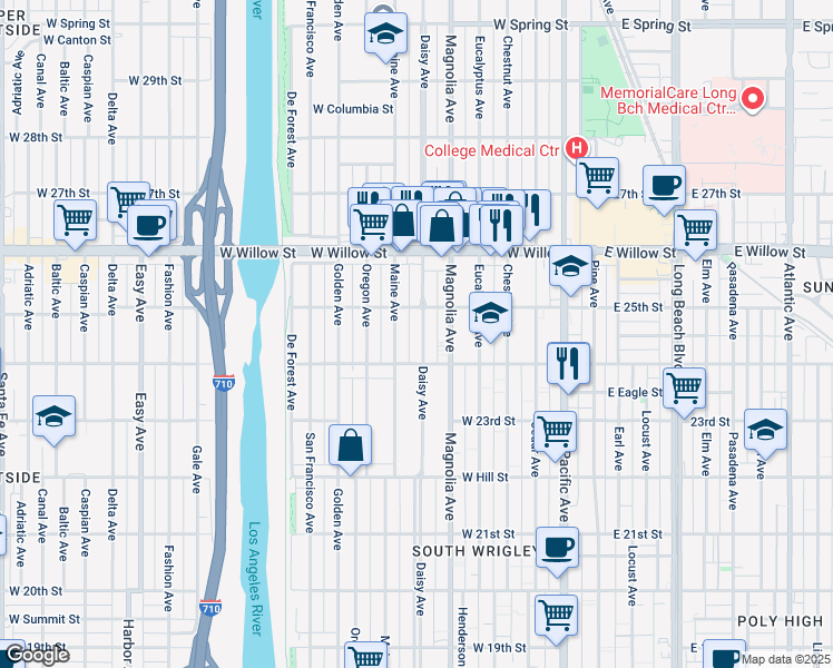 map of restaurants, bars, coffee shops, grocery stores, and more near 2451 Daisy Avenue in Long Beach