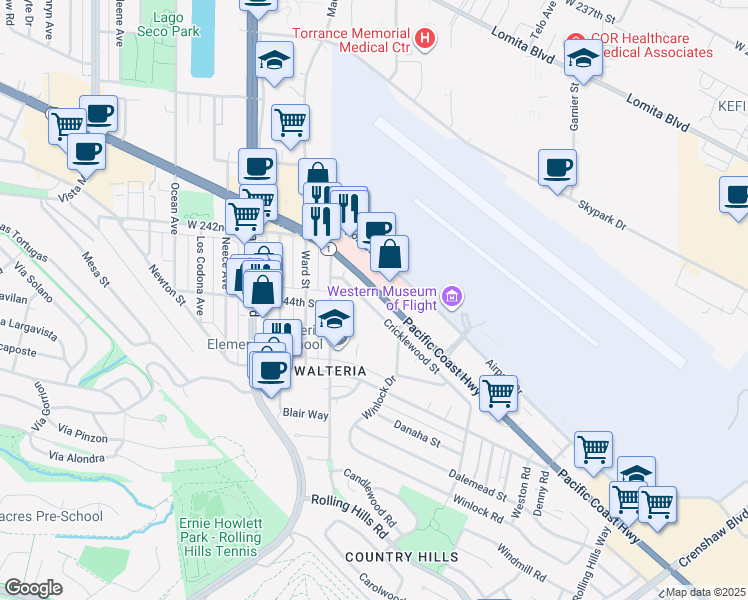 map of restaurants, bars, coffee shops, grocery stores, and more near 3437 Cricklewood Street in Torrance