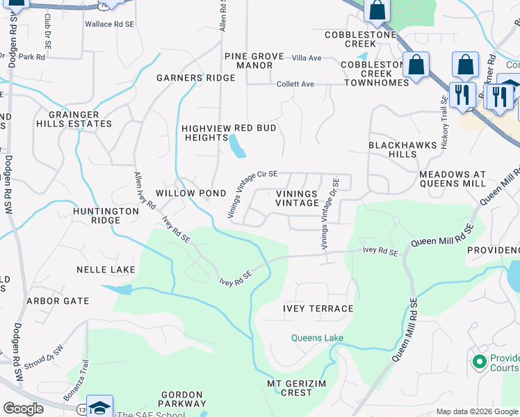 map of restaurants, bars, coffee shops, grocery stores, and more near 383 Vine Mountain Way in Mableton