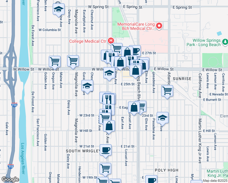 map of restaurants, bars, coffee shops, grocery stores, and more near 2451 Pine Avenue in Long Beach