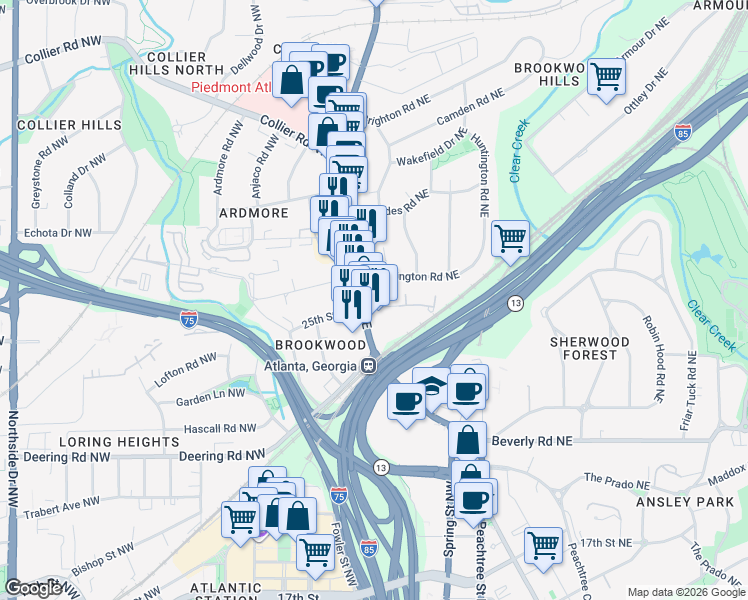 map of restaurants, bars, coffee shops, grocery stores, and more near 1745 Peachtree Street Northeast in Atlanta