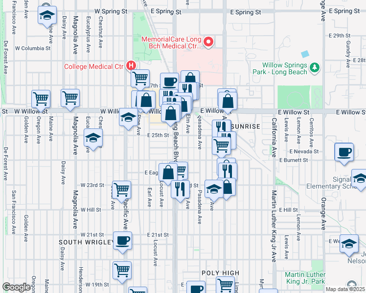 map of restaurants, bars, coffee shops, grocery stores, and more near 2459 Elm Avenue in Long Beach