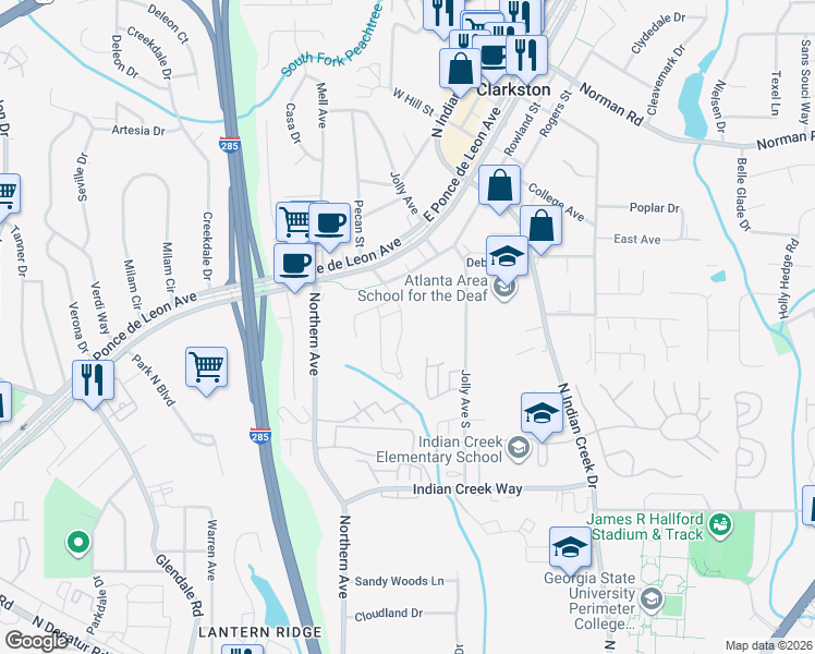 map of restaurants, bars, coffee shops, grocery stores, and more near 875 Glynn Oaks Drive in Clarkston