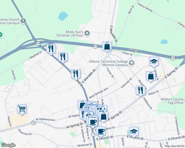 map of restaurants, bars, coffee shops, grocery stores, and more near 231 East Marable Street in Monroe