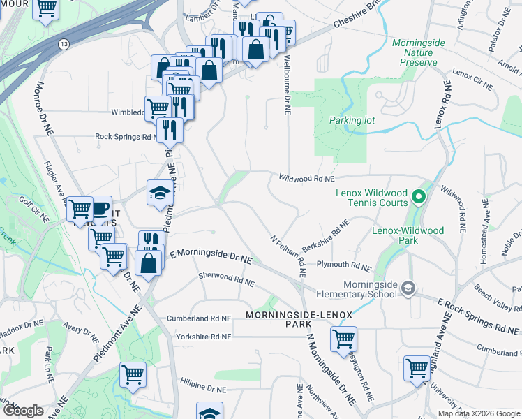 map of restaurants, bars, coffee shops, grocery stores, and more near 1717 North Pelham Road Northeast in Atlanta