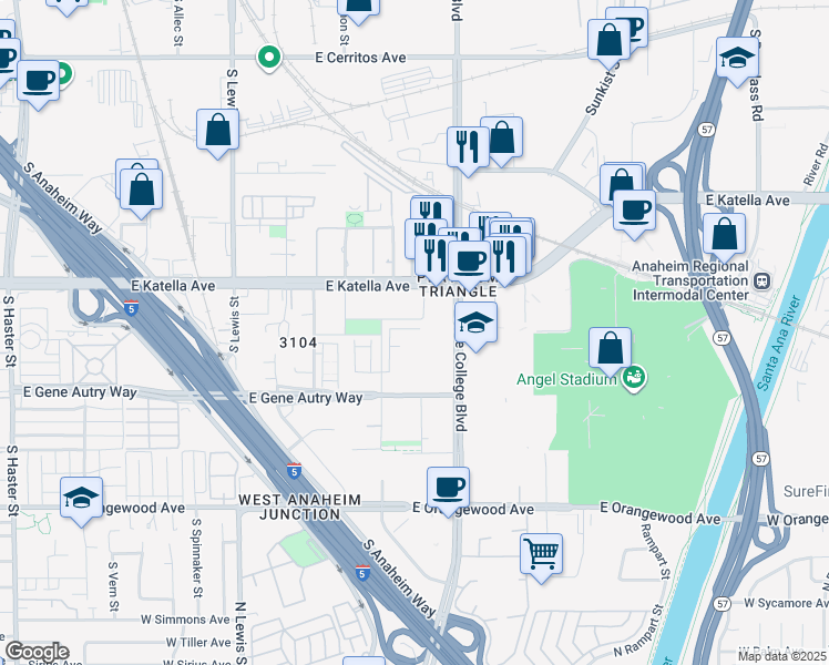 map of restaurants, bars, coffee shops, grocery stores, and more near 1720 Park Street in Anaheim