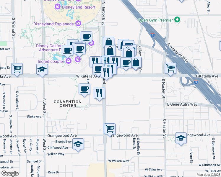 map of restaurants, bars, coffee shops, grocery stores, and more near 1850 South Harbor Boulevard in Anaheim