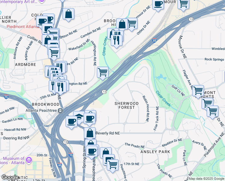 map of restaurants, bars, coffee shops, grocery stores, and more near 1718 Barnesdale Way Northeast in Atlanta