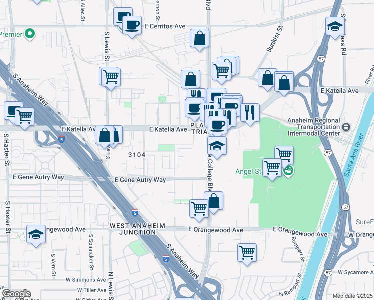 map of restaurants, bars, coffee shops, grocery stores, and more near 1720 Park Street in Anaheim