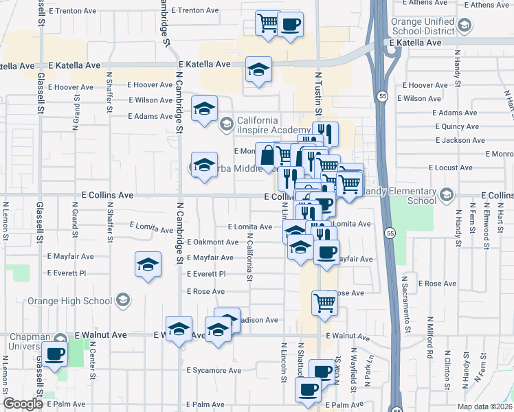 map of restaurants, bars, coffee shops, grocery stores, and more near 1245 East Collins Avenue in Orange