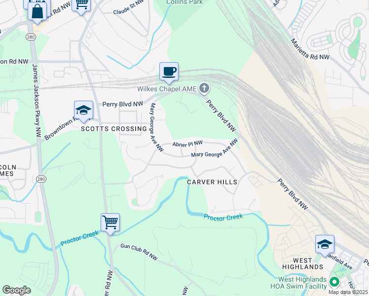 map of restaurants, bars, coffee shops, grocery stores, and more near 2302 Abner Place Northwest in Atlanta