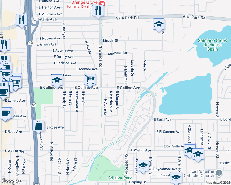 map of restaurants, bars, coffee shops, grocery stores, and more near 17871 East Collins Avenue in Villa Park