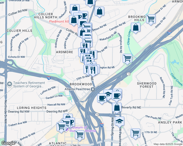 map of restaurants, bars, coffee shops, grocery stores, and more near 1740 Peachtree Street Northwest in Atlanta