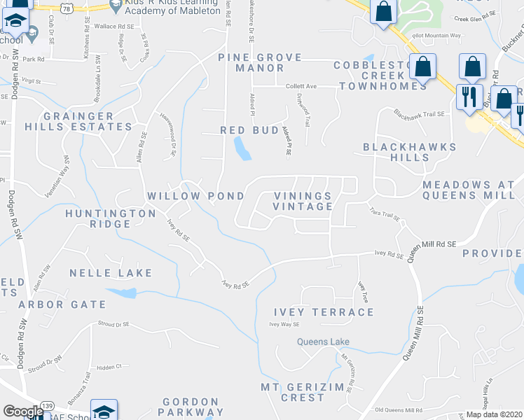 map of restaurants, bars, coffee shops, grocery stores, and more near 379 Vine Mountain Way in Mableton