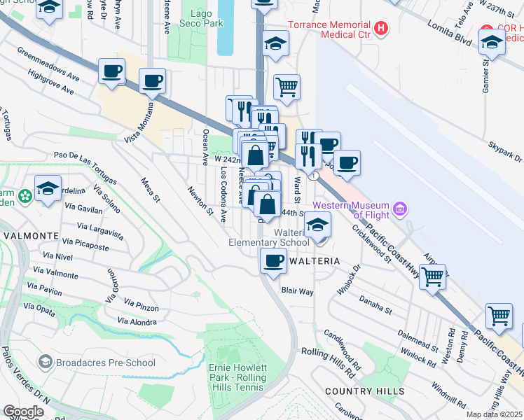 map of restaurants, bars, coffee shops, grocery stores, and more near Hawthorne Blvd & W 244th St in Torrance