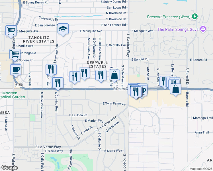 map of restaurants, bars, coffee shops, grocery stores, and more near 1631 Palm Tree Drive in Palm Springs