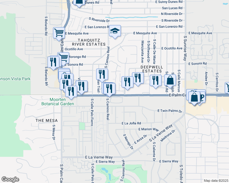 map of restaurants, bars, coffee shops, grocery stores, and more near 1550 South Camino Real in Palm Springs