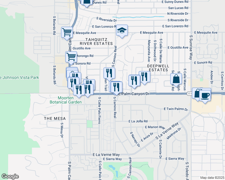 map of restaurants, bars, coffee shops, grocery stores, and more near 1620 South Indian Trail in Palm Springs