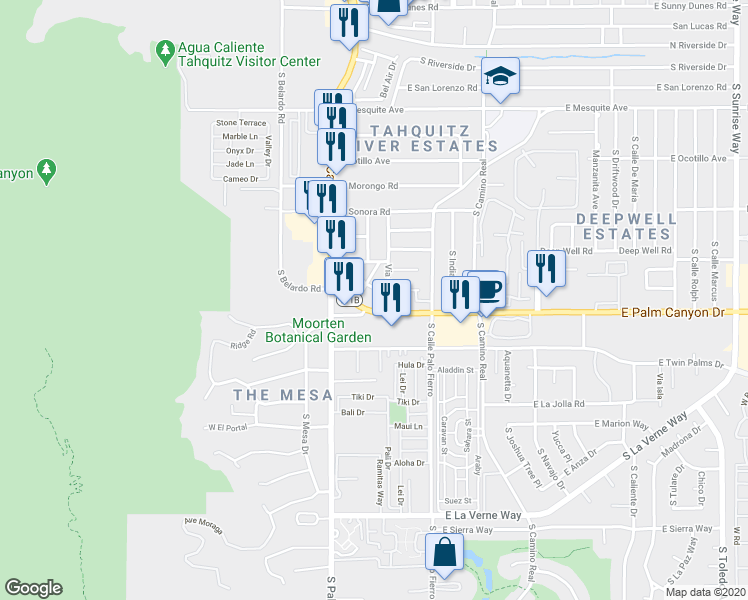 map of restaurants, bars, coffee shops, grocery stores, and more near 1634 South Vía Entrada in Palm Springs