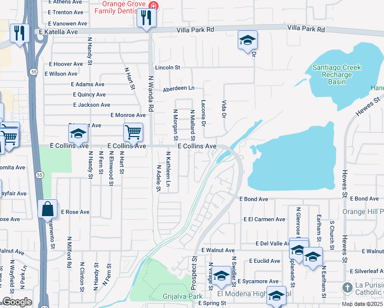 map of restaurants, bars, coffee shops, grocery stores, and more near 3206 East Juniper Avenue in Orange