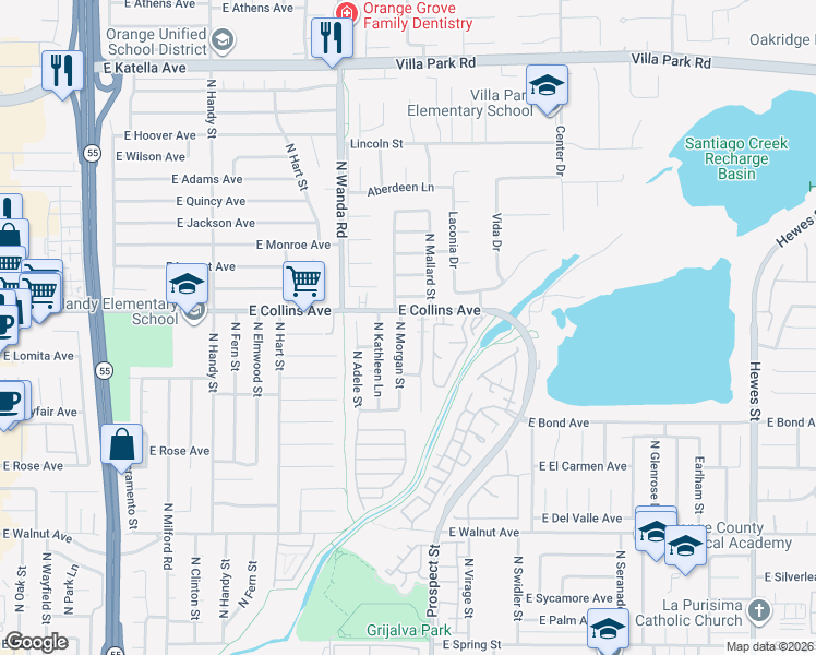 map of restaurants, bars, coffee shops, grocery stores, and more near 3206 East Juniper Avenue in Orange
