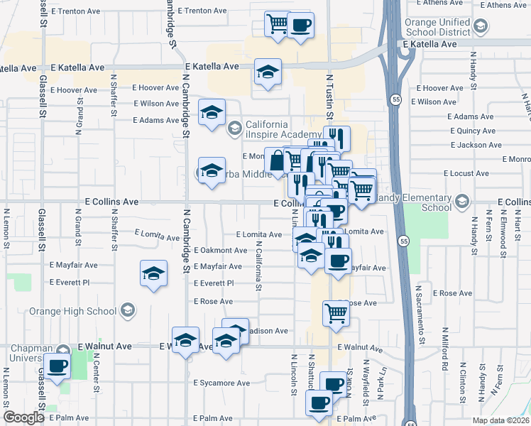 map of restaurants, bars, coffee shops, grocery stores, and more near 1245 East Collins Avenue in Orange